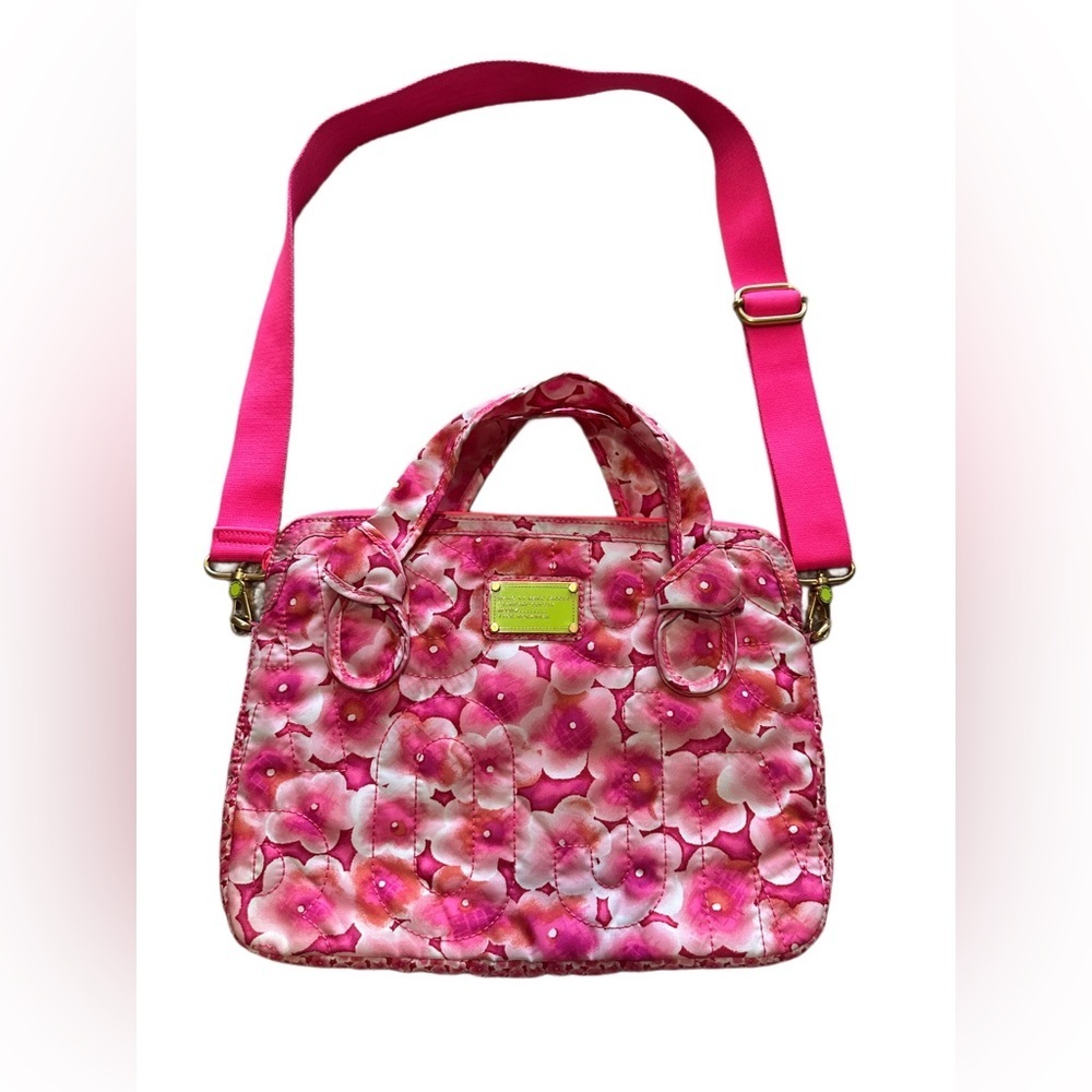 Marc Jacobs Vibrant Pink Floral Laptop Bag with Yellow Polyester Fiber Interior